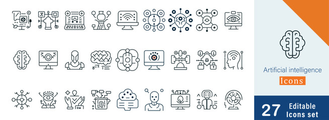 Artificial intelligence icon collection set. Containing machine learning, deep, neural network, data science, automation, computer vision, robotic icon. Simple line
