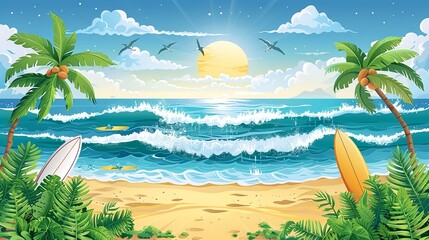 Obraz premium A digital illustration of a tropical beach scene with palm trees, surfboards, and a setting sun