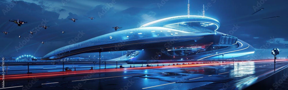 Aufkleber a futuristic cityscape with a large blue building in the center. the sky is dark and cloudy, and the