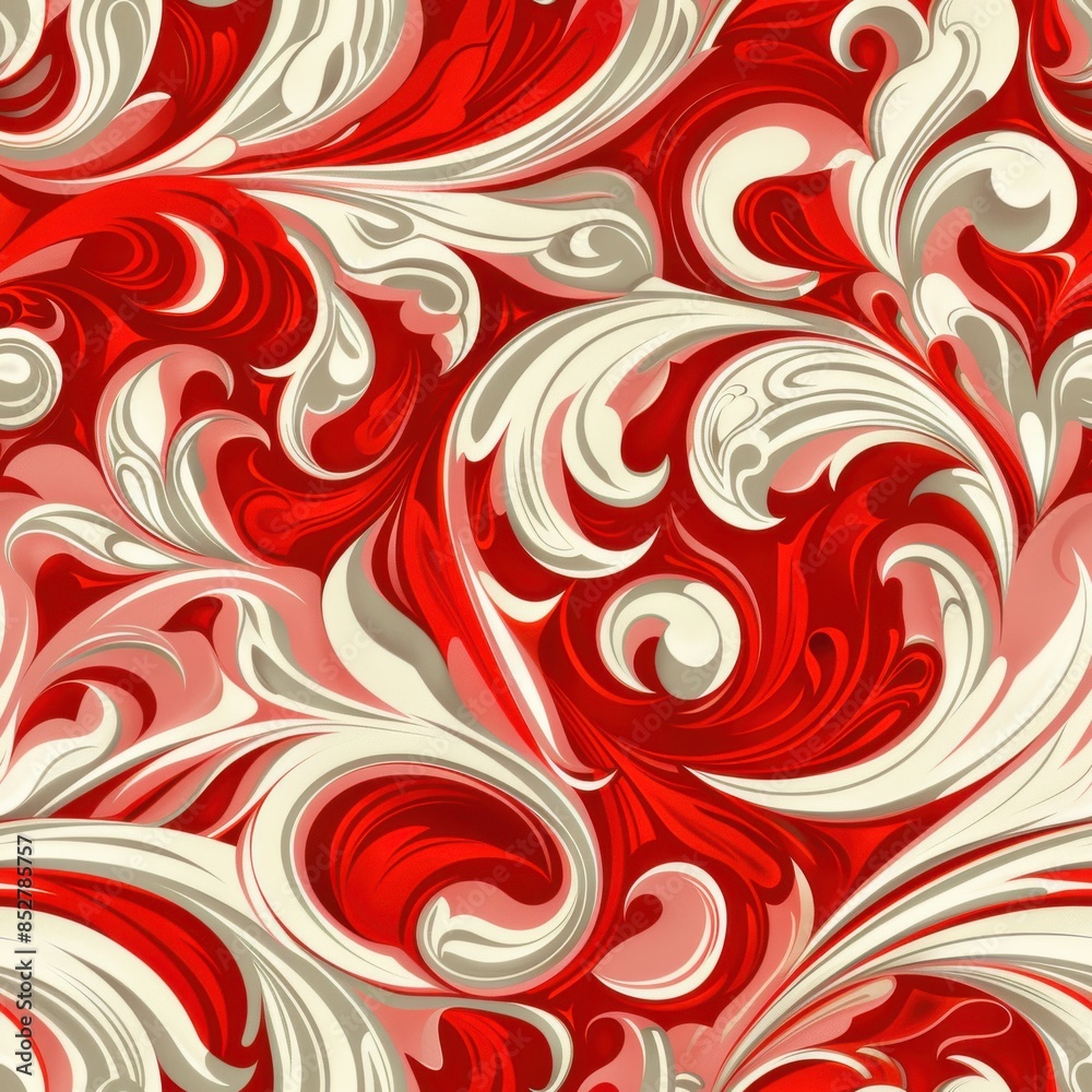 Poster This image showcases a digitally created abstract pattern design featuring swirling red and white floral shapes. The background is a vibrant red, with white and gray swirls creating intricate floral p
