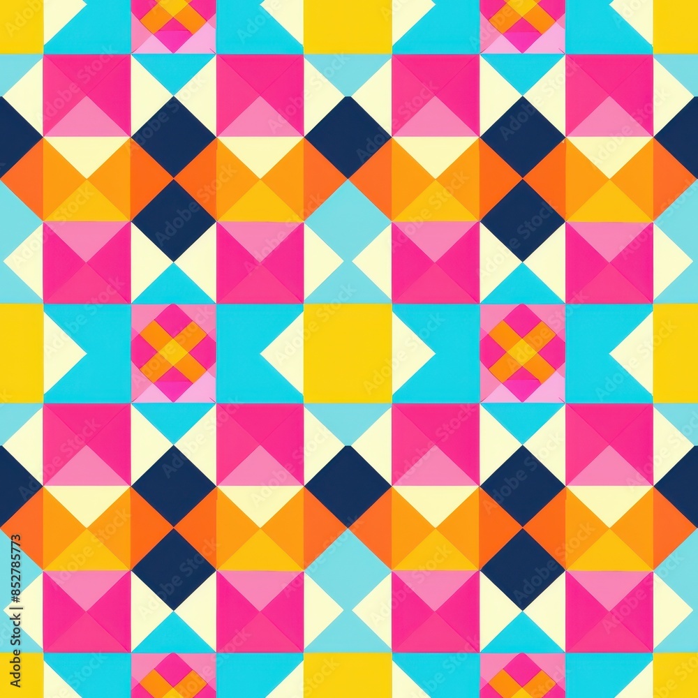Poster A seamless repeating pattern featuring a colorful geometric design of squares and triangles. The pattern is bright and vibrant, with colors including pink, blue, orange, yellow, and white.