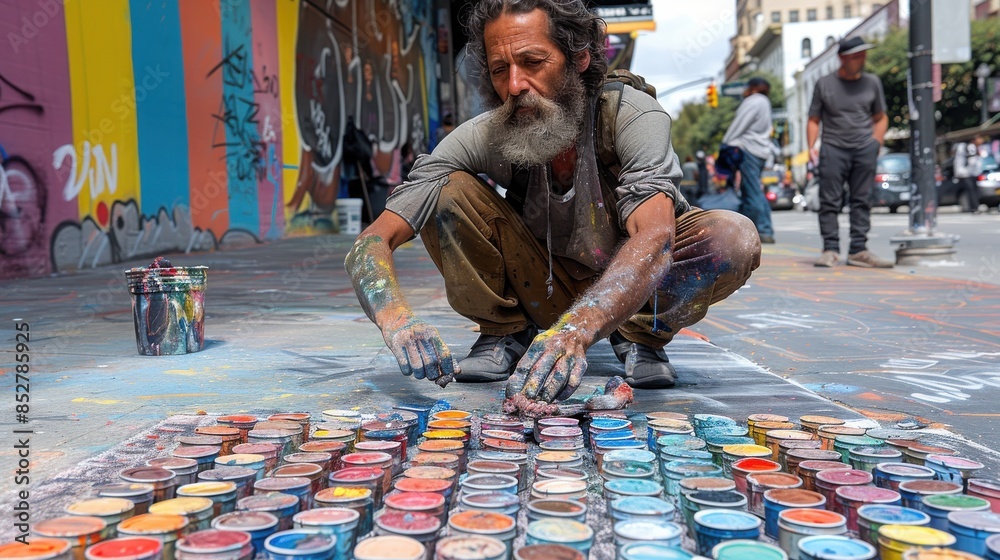 Poster a man is painting on the sidewalk with a variety of colors. the scene is lively and colorful, with t