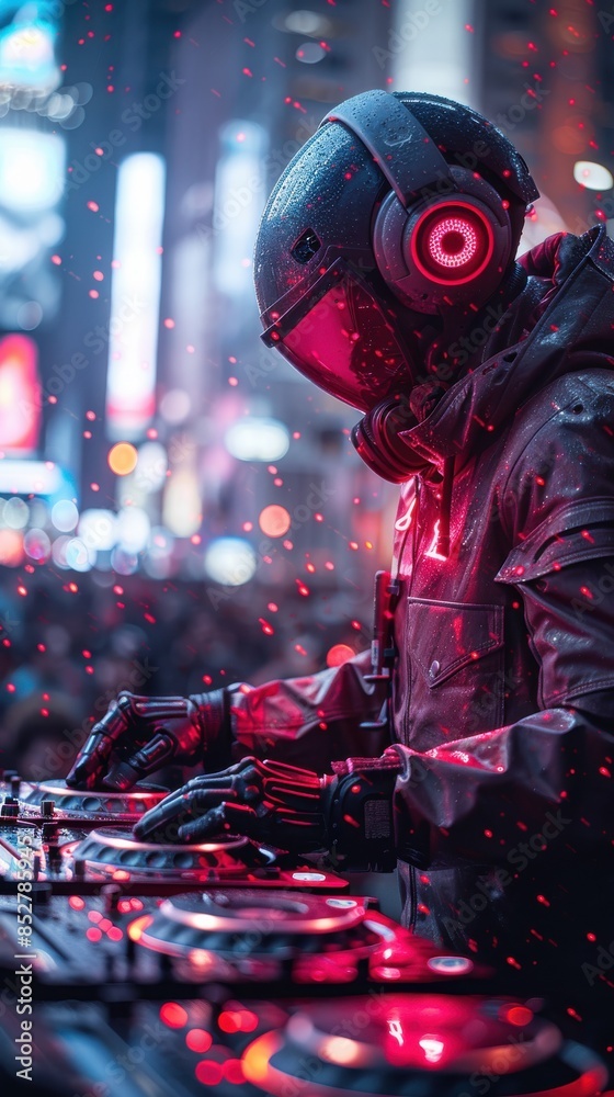 Poster a man in a black suit with red gloves and a helmet is playing a dj set. the image has a futuristic a
