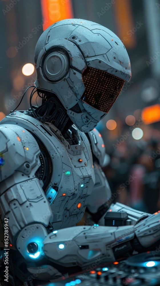 Poster a robot is sitting on a table with a blue light on its head. the robot is surrounded by people, and 