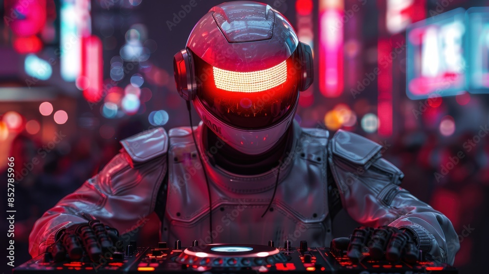 Poster a man in a robot suit is playing a dj set. the lights are red and the man is wearing a helmet