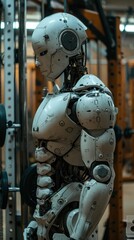 Fototapeta premium A robot with a white body and a black head stands in a gym. The robot is made of metal and has a robotic arm. The robot is in a gym setting