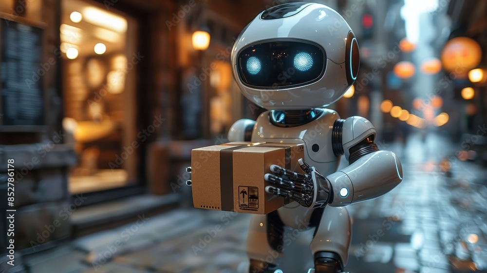 Fototapete a robot is holding a box and walking down a street. the robot is white and has a box in its hand. th