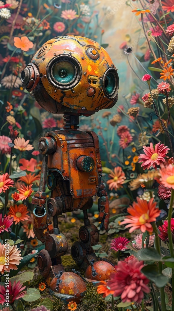 Aufkleber a robot is standing in a field of flowers. the robot is orange and has a metallic appearance. the fl