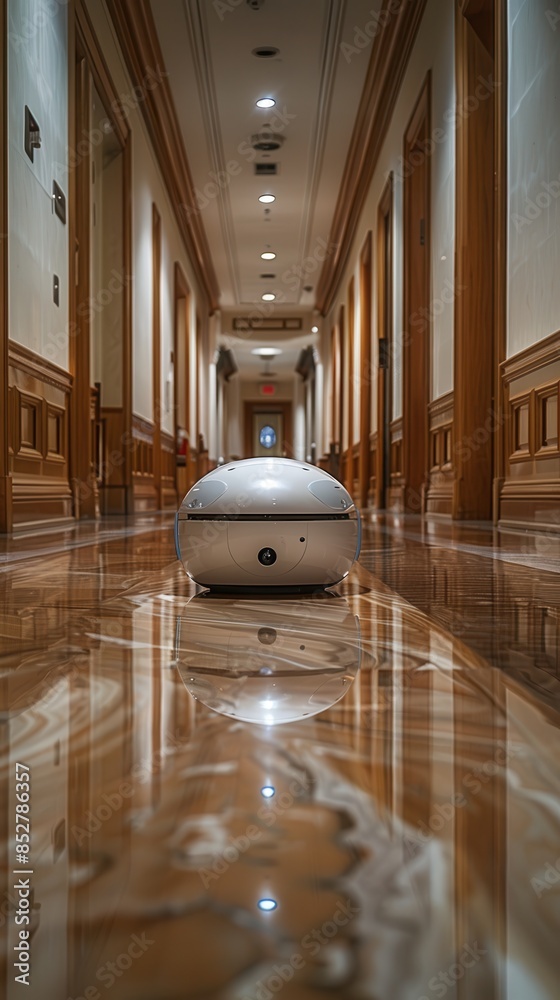 Aufkleber A robot is sitting in the middle of a hallway. The robot is white and has a camera on its head. The hallway is empty and the robot is the only thing in the scene