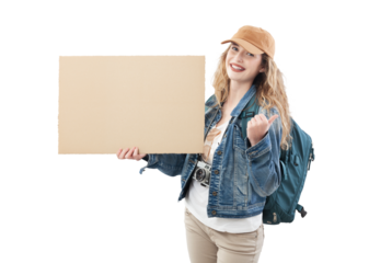 Happy traveling smiling young woman tourist is hitchhiking showing blank cardboard sign, asking for a ride. Isolated on white background. Concept of summer holiday or travel influencer content creator
