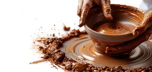 The process of making an empty clay vase on the wheel, with a potter's hands expertly shaping the clay, showcasing the detailed and artistic craft.
