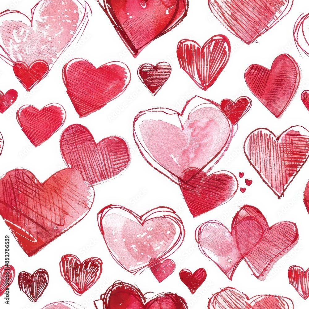 Poster a seamless pattern featuring hand-drawn red watercolor hearts of various sizes and styles on a white
