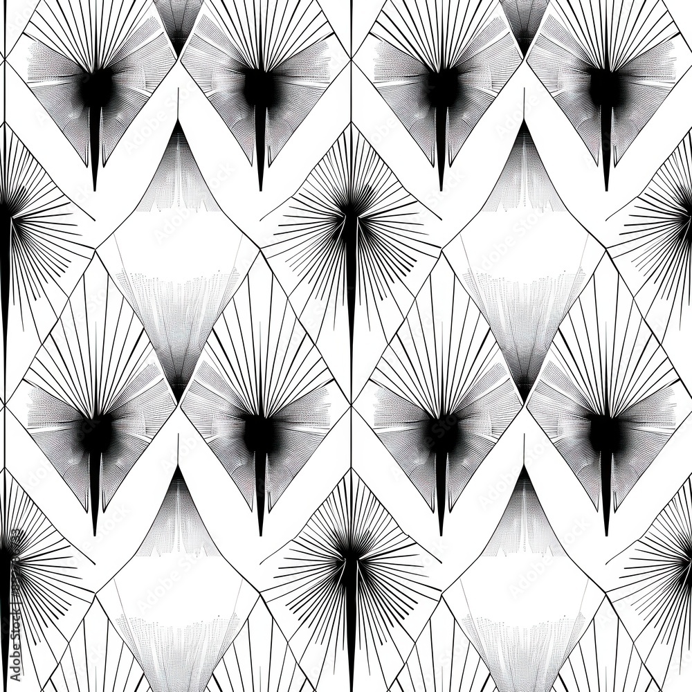 Poster A black and white pattern of flowers with a white background. The flowers are arranged in a diamond shape and are drawn in a stylized way. Scene is elegant and sophisticated