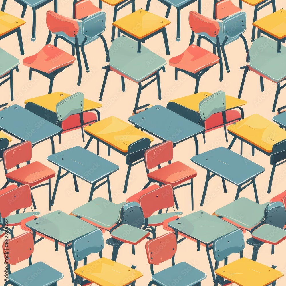 Leinwandbilder A row of school desks with chairs in various colors and sizes. The chairs are scattered around the desks, some are empty and some are not. The scene gives off a sense of disarray and chaos