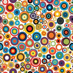 This image is a digital illustration of a seamless pattern featuring colorful concentric circles of varying sizes on a white background. The circles are arranged in a random, overlapping manner, creat