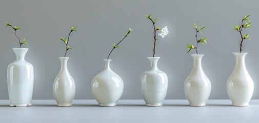 Seven vases in white and grey, each with a unique shape and minimalist design, set against a gray background to emphasize their understated elegance