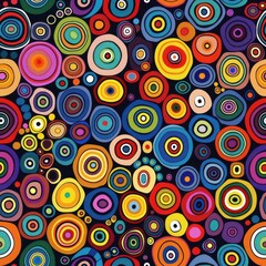 A digital artwork featuring a seamless pattern of colorful circles on a black background. The circles are of varying sizes and are arranged in a random yet visually pleasing manner. The artwork featur