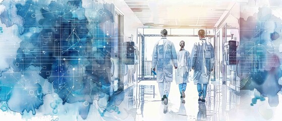 Medical professionals walking in hospital corridor with abstract blue technology and healthcare overlay background.