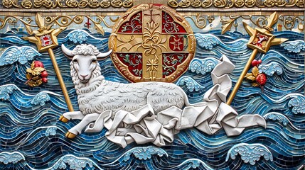 Majestic ornamental depiction of a lamb amidst waves with cross scepters. Intricate and vibrant artwork illustrating a symbolic religious theme. Perfect for cultural and spiritual purposes. AI