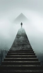 Solitary figure at the top of a misty staircase