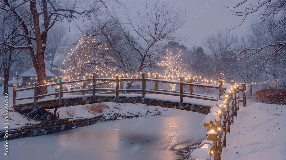 Poster a bridge with lights on it is lit up in the snow