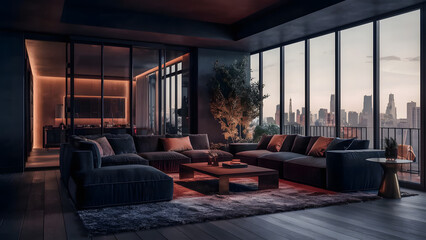 Stylish cinematic living room interior with comfortable dark sofa