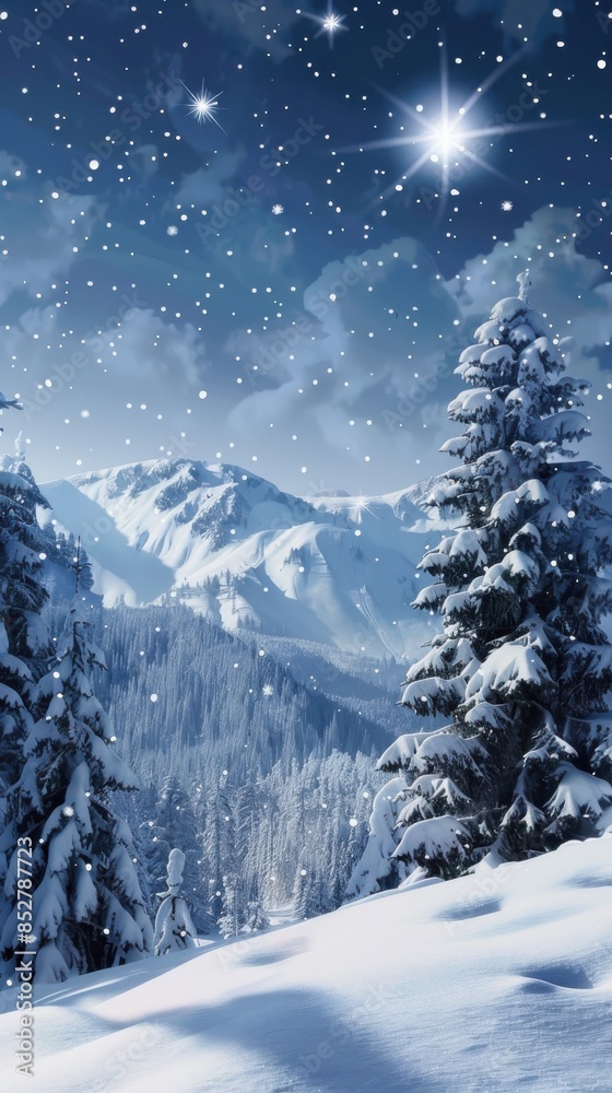 Poster a nighttime scene of a snowy mountain range with evergreen trees in the foreground. the sky is full 