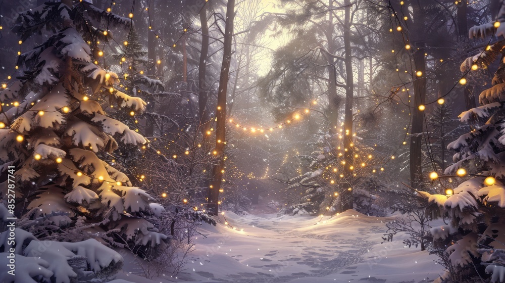Poster A snowy forest path is illuminated by string lights hanging between the trees. The path leads through a dense grove of snow-covered trees, and the light from the string lights casts a warm glow on the