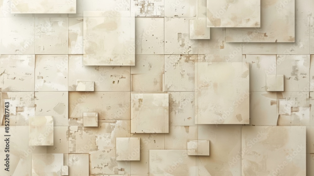 Leinwandbilder A close-up image of a wall covered in abstract beige square patterns. The squares are arranged in a seemingly random order, creating a visually interesting and modern design. The light beige color add