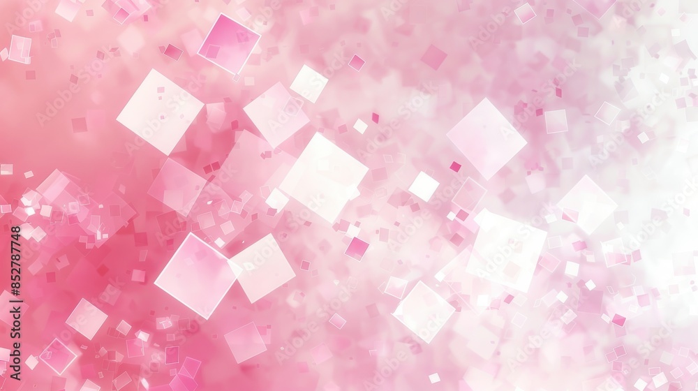 Aufkleber An abstract background with pink and white squares scattered across a soft pink background. The squares appear to be floating and overlapping, creating a sense of depth and movement. The image has a s