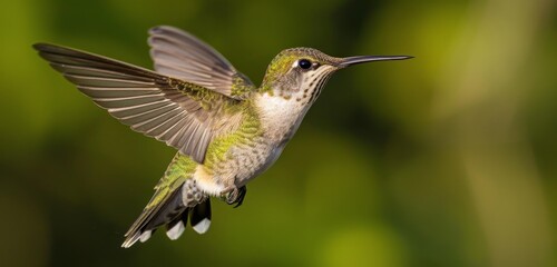 Fototapeta premium A hummingbird in mid-flight, displaying its green and iridescent plumage. Ideal for action or wildlife photography.