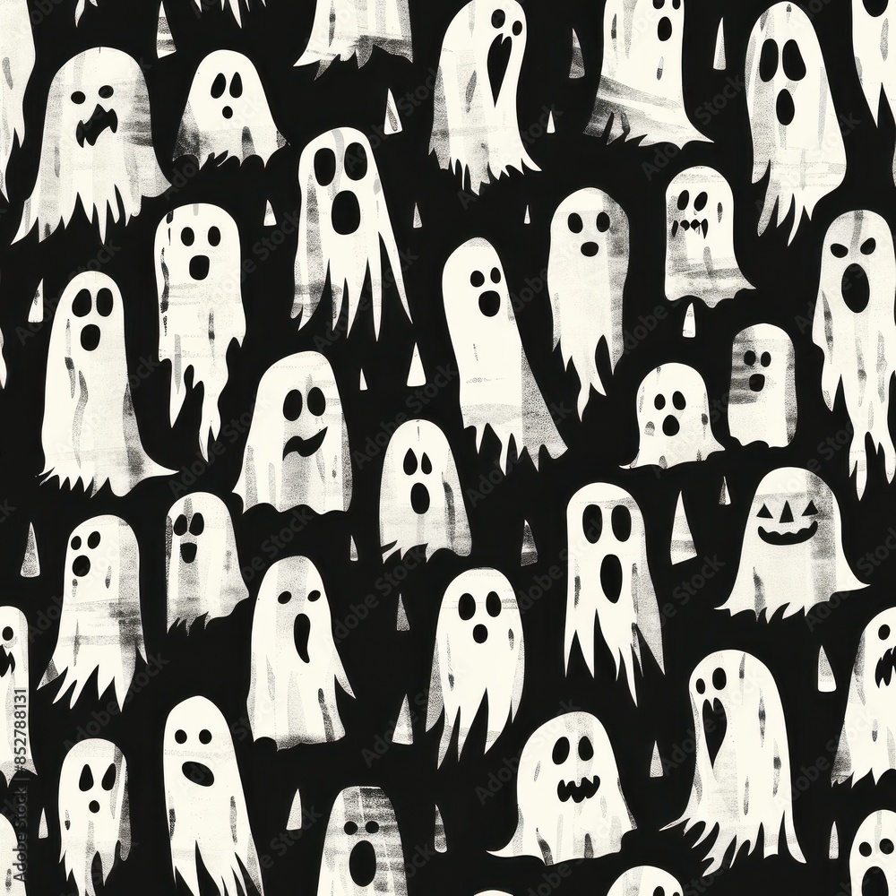 Poster A seamless pattern featuring white ghosts of various shapes and sizes on a black background. The ghosts have different expressions, some with open mouths and others with closed mouths, adding a playfu