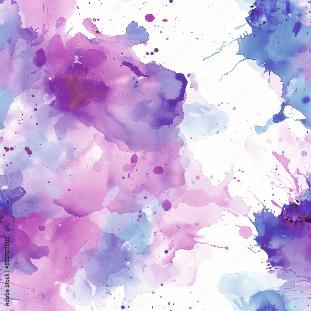 Poster This image is a beautiful abstract watercolor background featuring splashes of purple and blue paint on a white canvas. The vibrant colors create a dynamic and energetic composition, perfect for use i