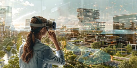 Civil engineer analyzing with rotating tower skyscraper hologram virtual graphic via VR future global innovation network technology community intelligent cityscape urban planning center. Contraption.