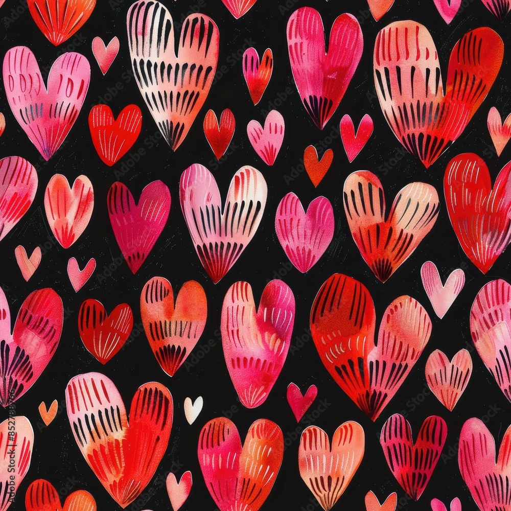 Poster this image features a seamless pattern of watercolor hearts in shades of red and pink on a black bac