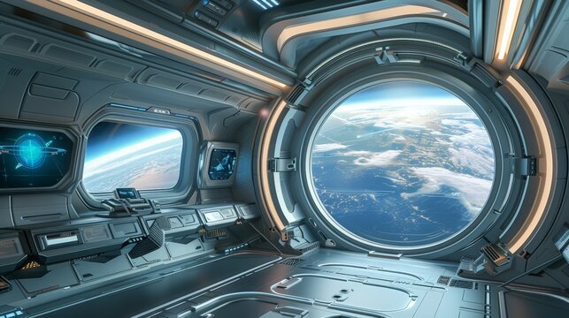 paceship futuristic interior with view on planet earth. futuristic. 