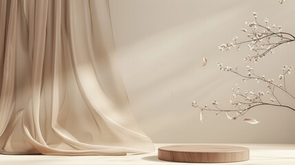 3d display podium, brown background with wood frame pedestal and flying silk cloth curtain. nature wind. beauty, cosmetic product presentation stand. luxury feminine mockup