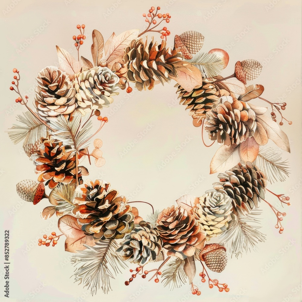 Poster this image features a watercolor illustration of a rustic wreath made of pine cones, berries, and le