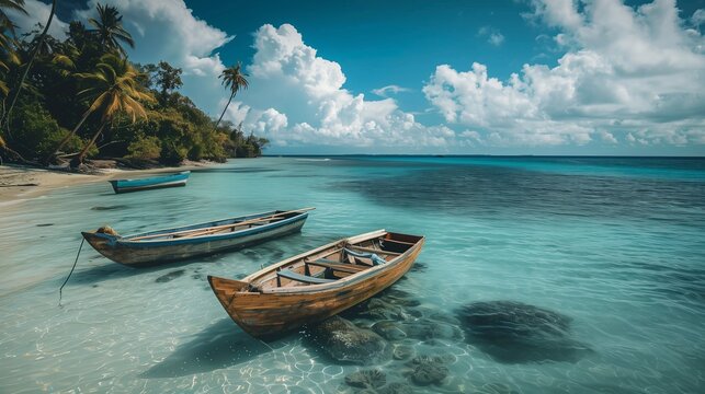 Tropical Guyam Island with traditional fishing boats