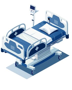 recommend clip art: Isometric view of a hospital bed with medical equipment in a healthcare facility, featuring a blue and white color scheme.