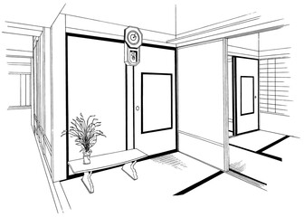 漫画風ペン画イラスト　和風_階段・室内