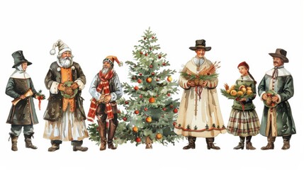 Obraz premium This watercolor illustration depicts a group of traditional Christmas characters standing around a decorated Christmas tree. The characters include Santa Claus, a woman holding a basket of oranges, a 