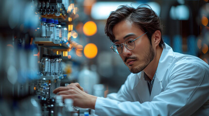 A scientist in a white lab coat carefully adjusts a machine that is producing medicine, the high-tech lab environment emphasizing precision and expertise.