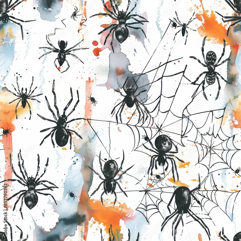 Poster this image is a watercolor illustration featuring black spiders and cobwebs on a white background. t