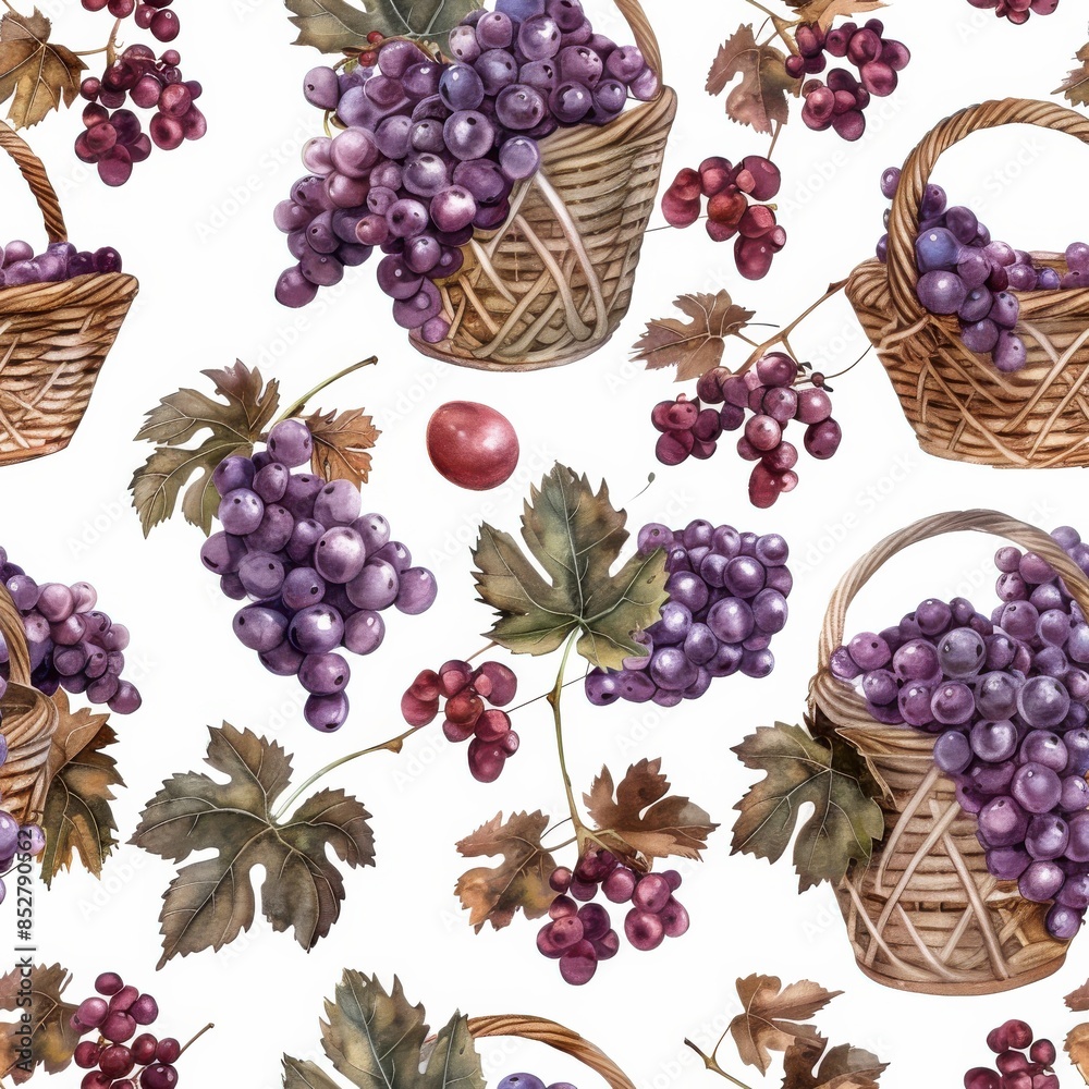 Fototapete This watercolor illustration features a seamless pattern of purple grapes in wicker baskets. The image also includes grapevines with leaves and clusters of grapes. The overall aesthetic is rustic and 