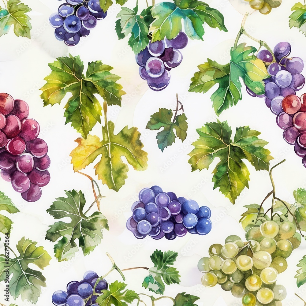 Poster this is a watercolor painting of green grapevines with clusters of ripe grapes hanging from them. th