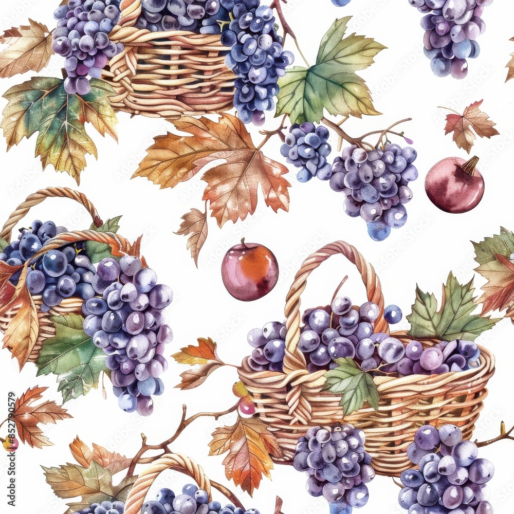 Poster this watercolor painting depicts a seamless pattern of ripe purple grapes in woven baskets. the grap
