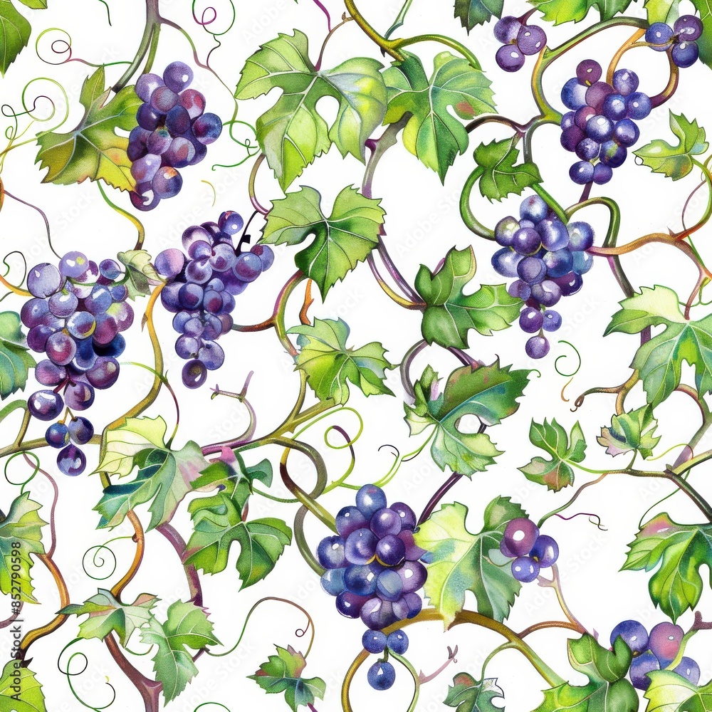 Poster this image is a watercolor painting of a vine with grapes. the vine is depicted in a realistic style