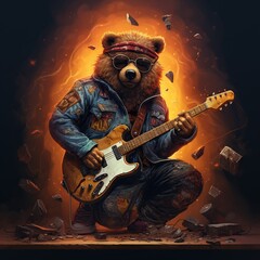 fashionable bear with glasses playing guitar illustration.