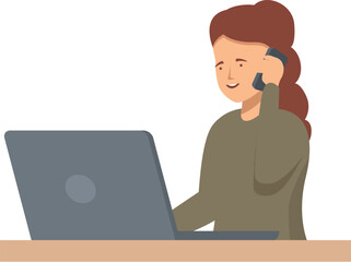 Smiling businesswoman working on laptop and talking on phone at office desk